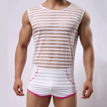 Плюс размеры белье для мужчин Марли прозрачный Полосатый Летний Топ майка Боди Майки спандекс дышащая одежда для сна