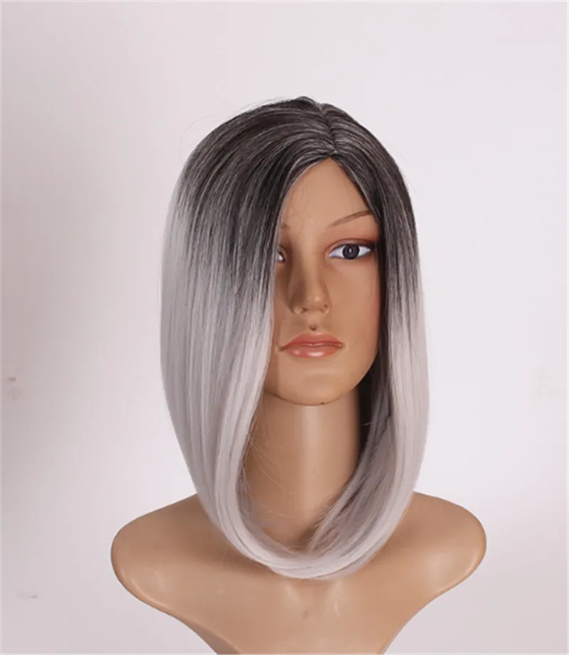 40cm High Quality Synthetic Dark Root Ombre Black/Silver Gray Wig Short