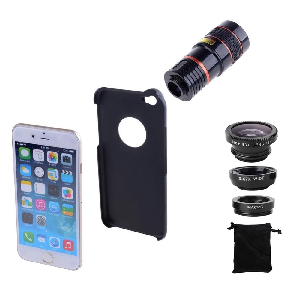 5in1 8X Zoom Telescope Lens Fisheye Wide Angle Macro Lens Camera Lenses