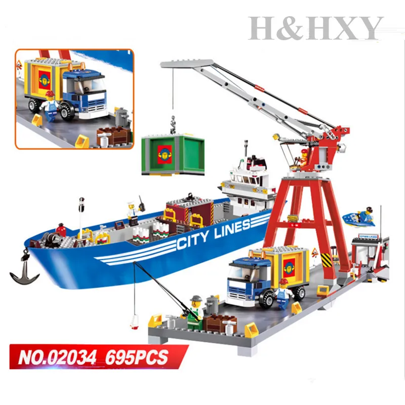 В наличии H & HXY 02034 695 шт. город серии Super Cargo порты и разъёмы Терминал Лепин Building Block Совместимость 7994 Кирпич игрушка мальчик подарки