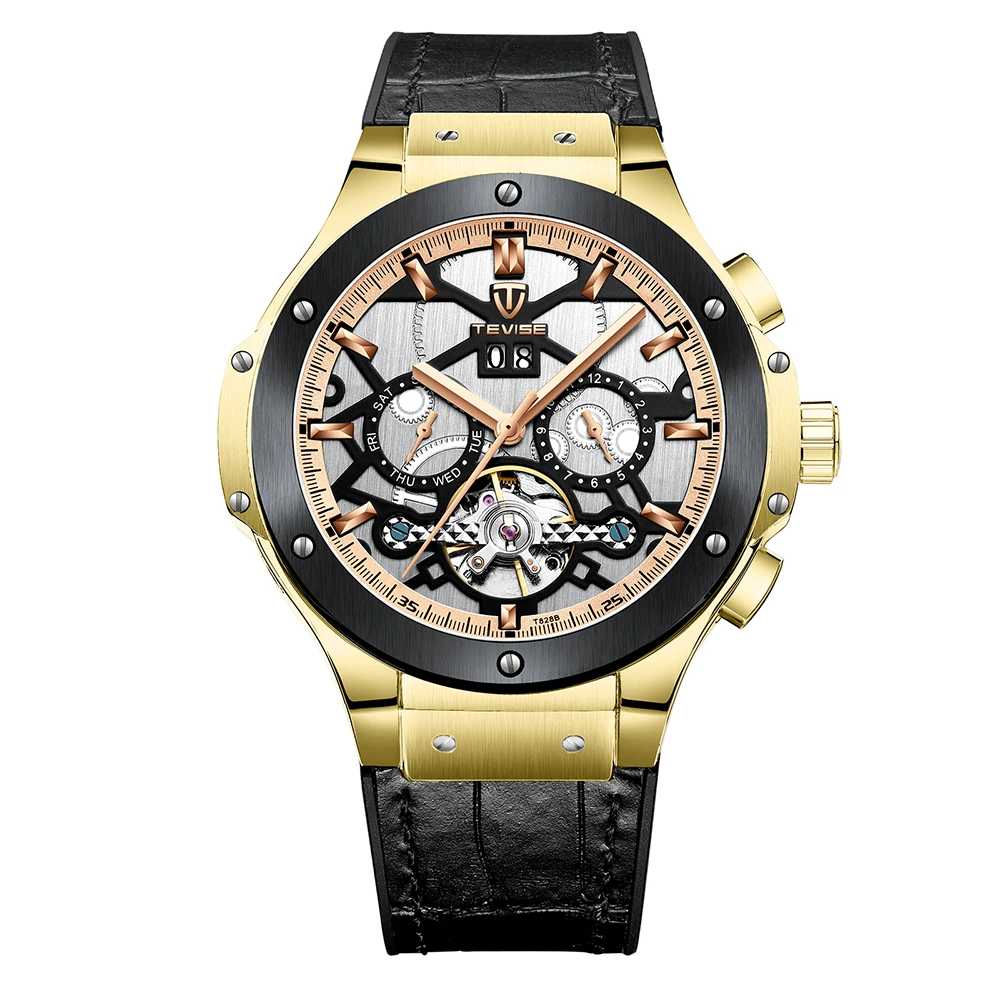 TEVISE Wristwatch Mens Big Men Automatic Mechanical Watch Man Week Month Calendar Rubber Male Clock Watch For Men T828B 2020