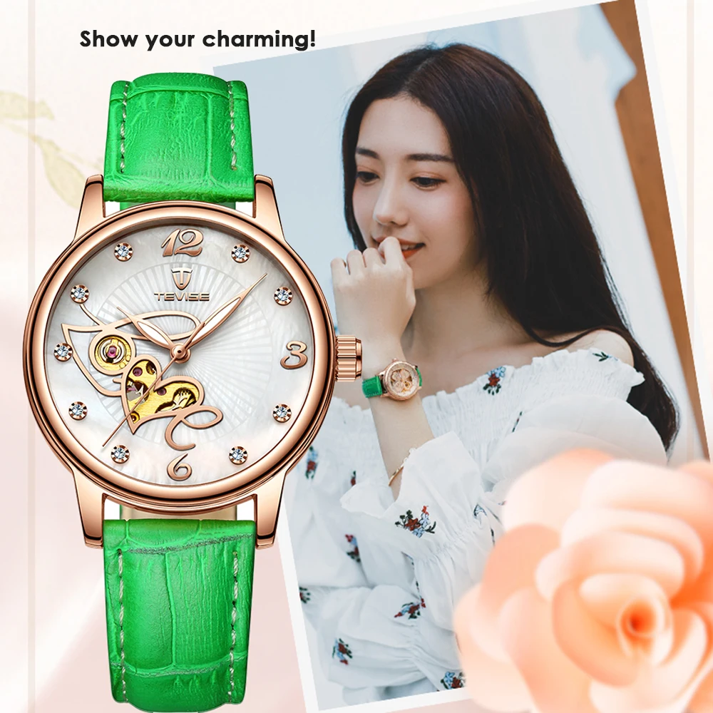 TEVISE T835A Mechanical Watches Automatic Watch Women Time Moon Phase Fashion Luminous Leather