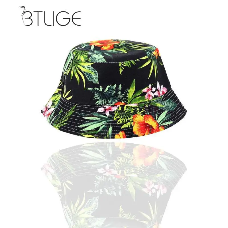 

BTLIGE Boho Flower Floral Beach Hat Men Womens Sun Cap Bucket Hat Fashion Leaf Printed Fishman hat For Female Lady