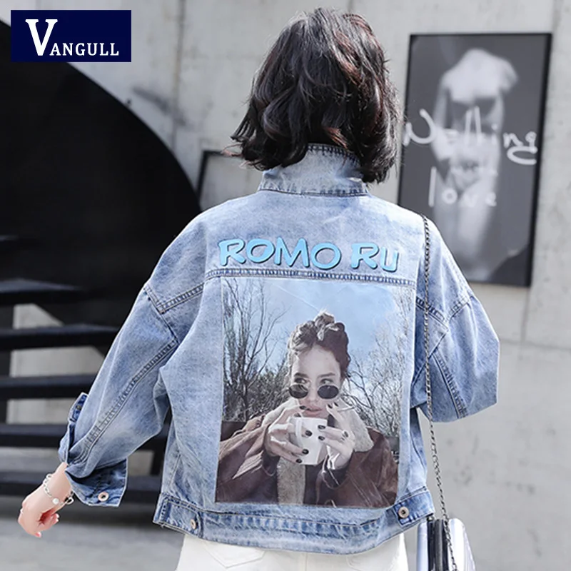 

Vangull Back Applique Jeans Jackets Women's Printed Coat Patch Designs Jacket Long Sleeve Women Denim Jacket Autumn Outwear 2019