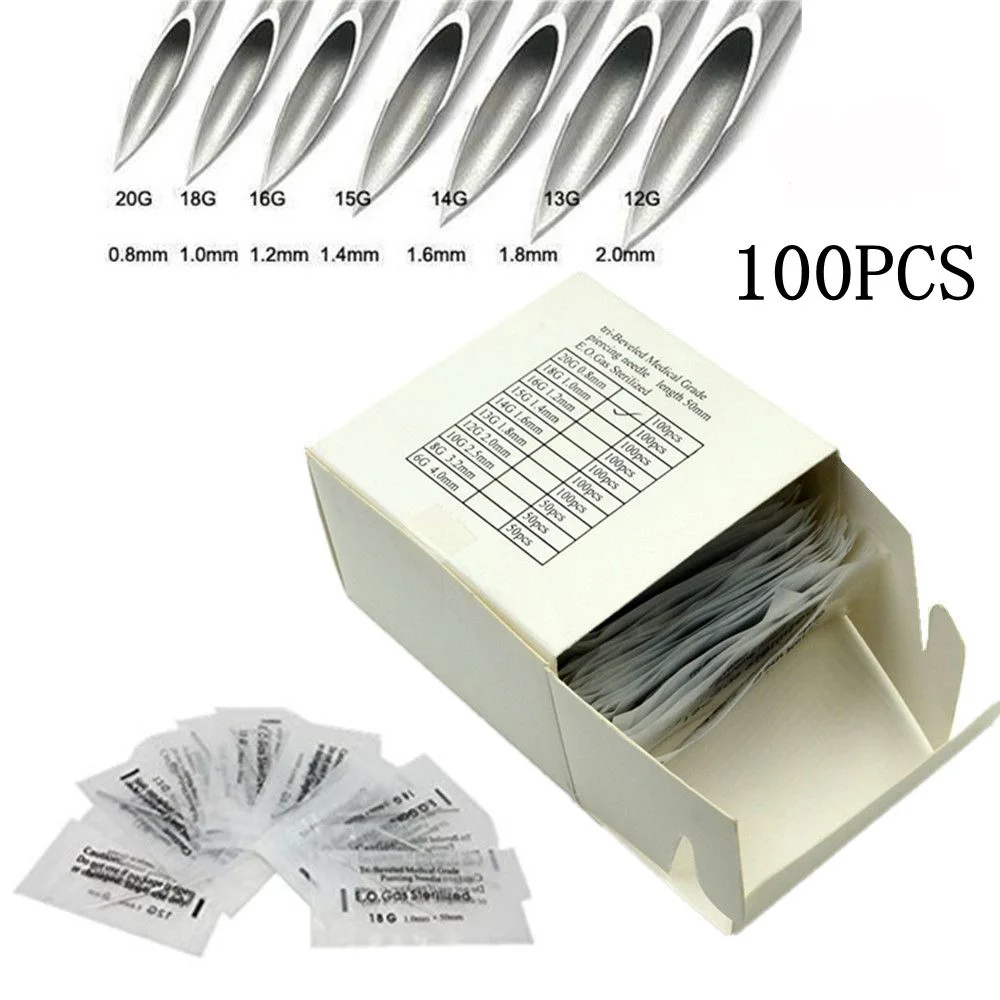 100PCS Piercing Needle Surgical Steel Disposable Body Piercing Needles E.O.Gas Sterilized Permanent Makeup Needles 12-20G