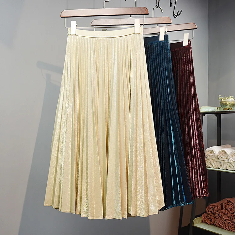 Распродажа,, осенне-зимняя Европейская станция, новая длинная юбка, тонкая металлическая юбка средней длины, плиссированная высокая талия