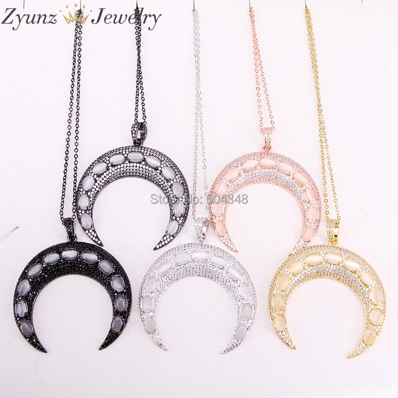 

5 Strands ZYZ312-3428 New CZ Micro Pave Cubic Zirconia and Cat Eye Stones Double Horn / Crescent Moon Pendant Necklace