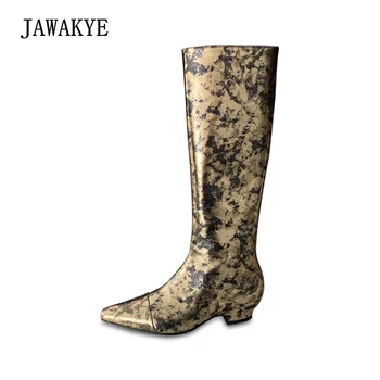 

2018 New Sexy Gold Metal color Knee high Boots Women Genuine Leather Winter Long Boots Bursting pattern Flat Knight Boots