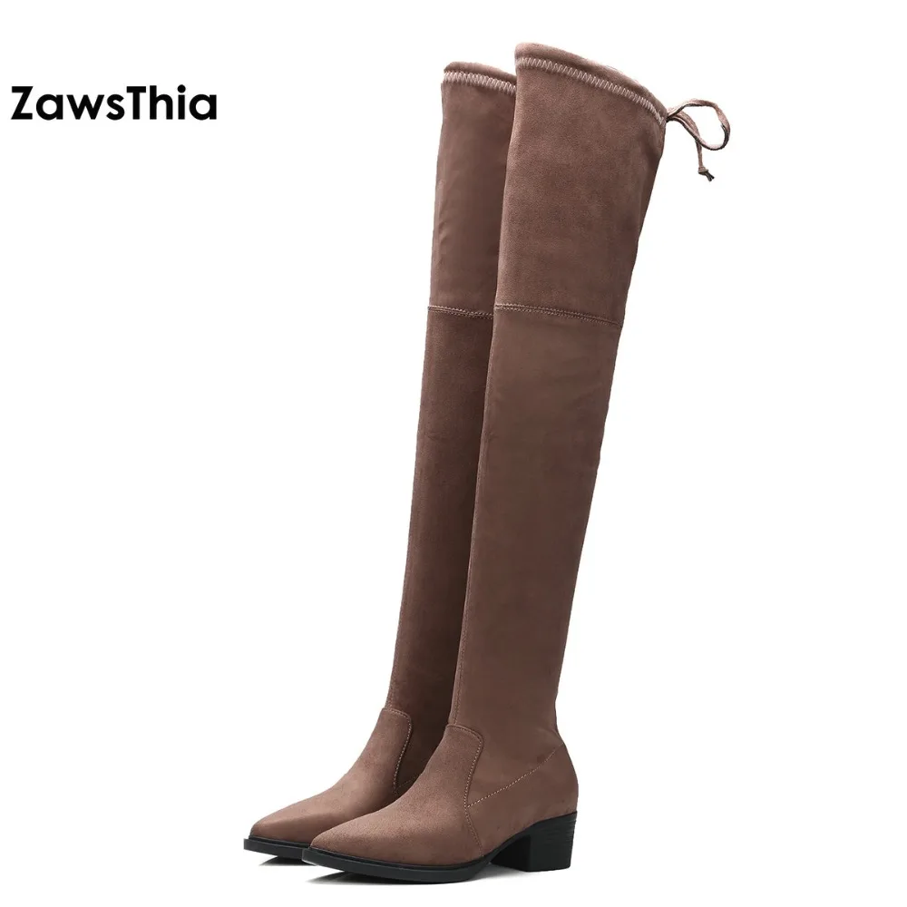 

ZawsThia 2019 ladies spring autumn square high heel women over the knee boots black warm winter woman shoes motorcycle boots