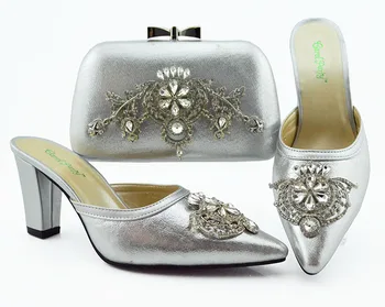 

Nice fashion 3.5 inches slippers shoes and clutches bag set in silver color for african lace dress party shoes bag set SB8384-8