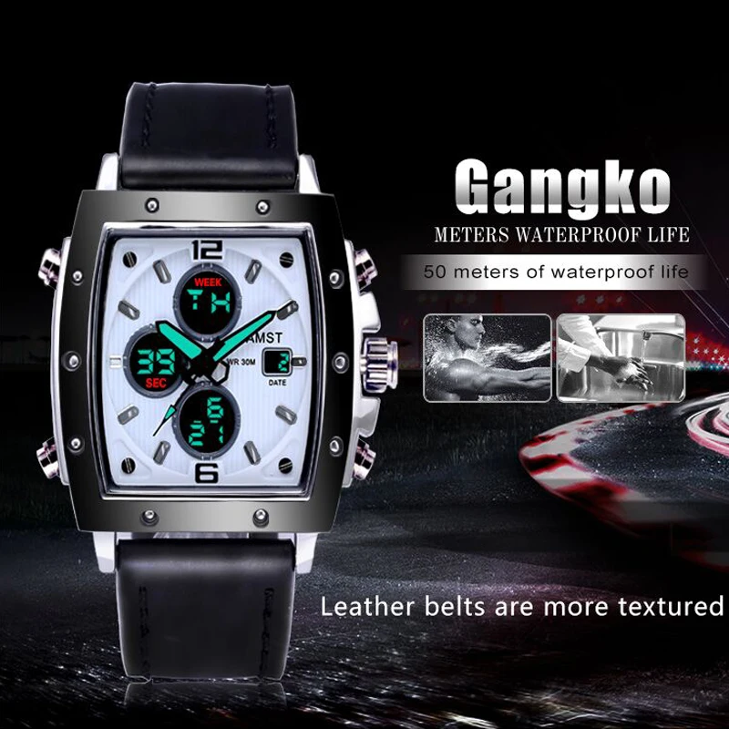 

AMST Men's Watches Quartz Watches Dual Display Waterproof Watch Men Luxury Leather Leather Wristwatch Clock relogio masculino