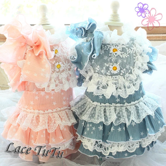 

Free shipping dog clothes soft folding muslin daisy bow cake skirt dog dresses for pet cat