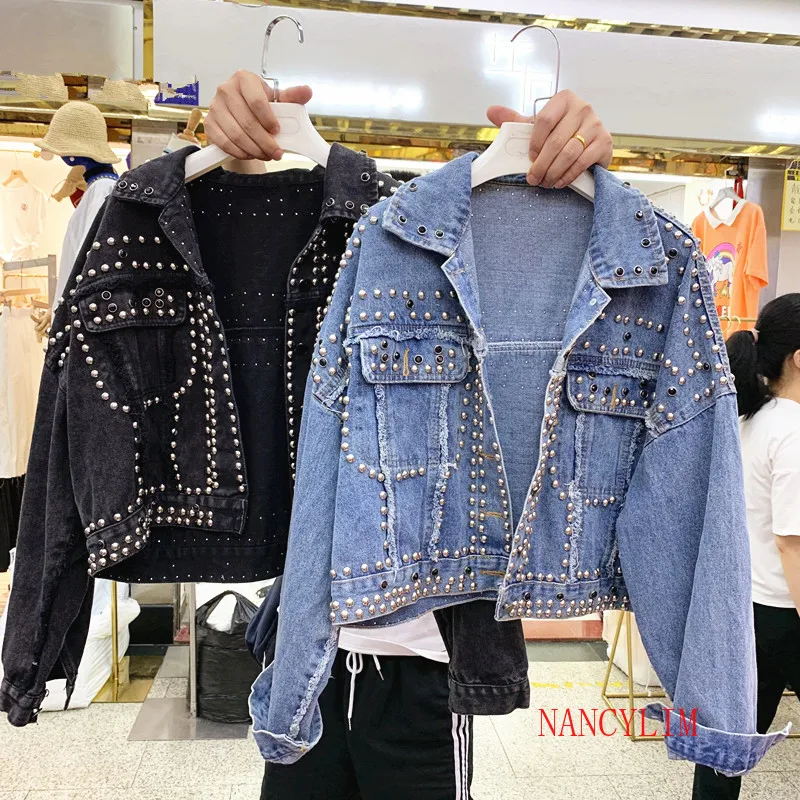 

Heavy Industries Rivet Diamond Jeans Jacket Female Short Coat Spring Autumn Loose Denim Coat Jackets Women Streetwear Jean Coats