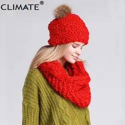 Климат Для женщин зимняя шапка и шарф теплый комплект леди воротник Pom Beanie комплекты модная теплая шапка шарф Набор Для женщин удобные шарф