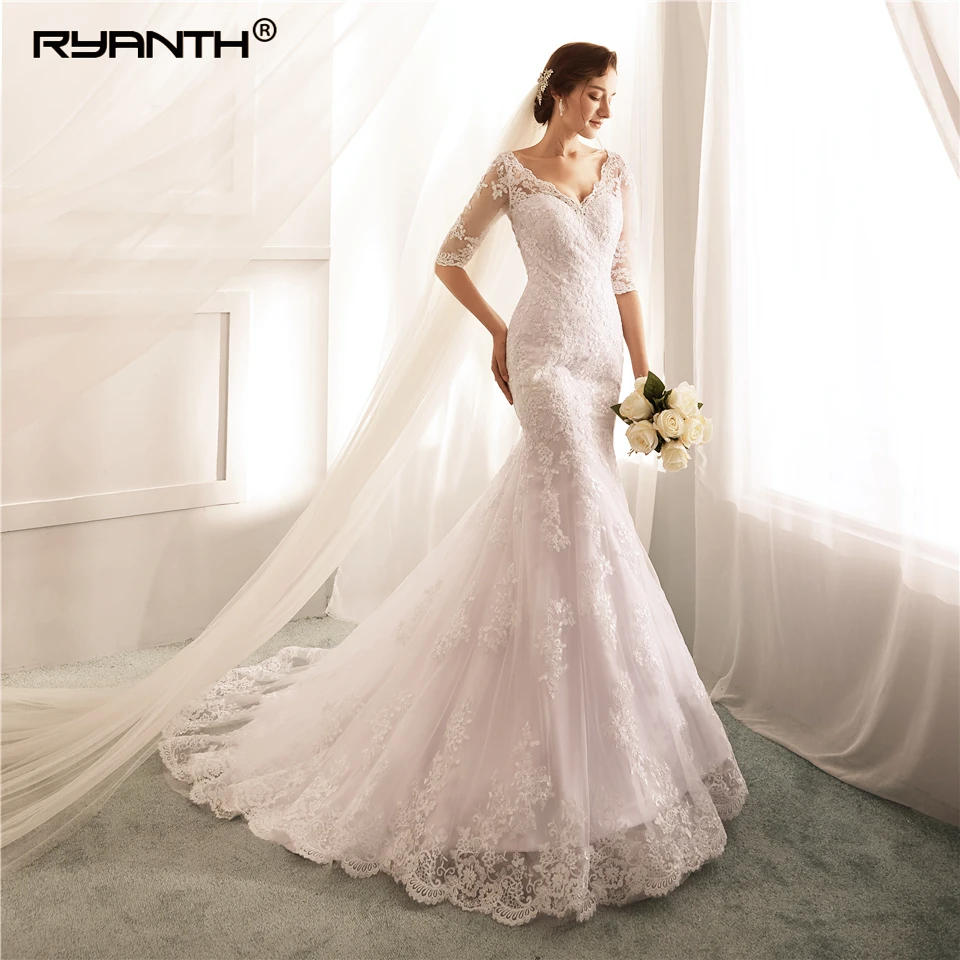 Ryanth Vestido de Novia с кружевом и жемчугом на высоком каблуке Свадебные платья Русалочки сексуальный v-образный вырез с коротким рукавом Свадебный платья свадебное платье для невесты