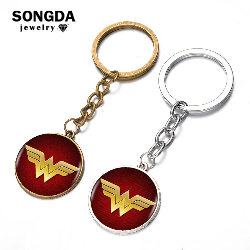 Wonder Woman Bag Keychain Key Rings Keychains Superhero Glass Car Keyring