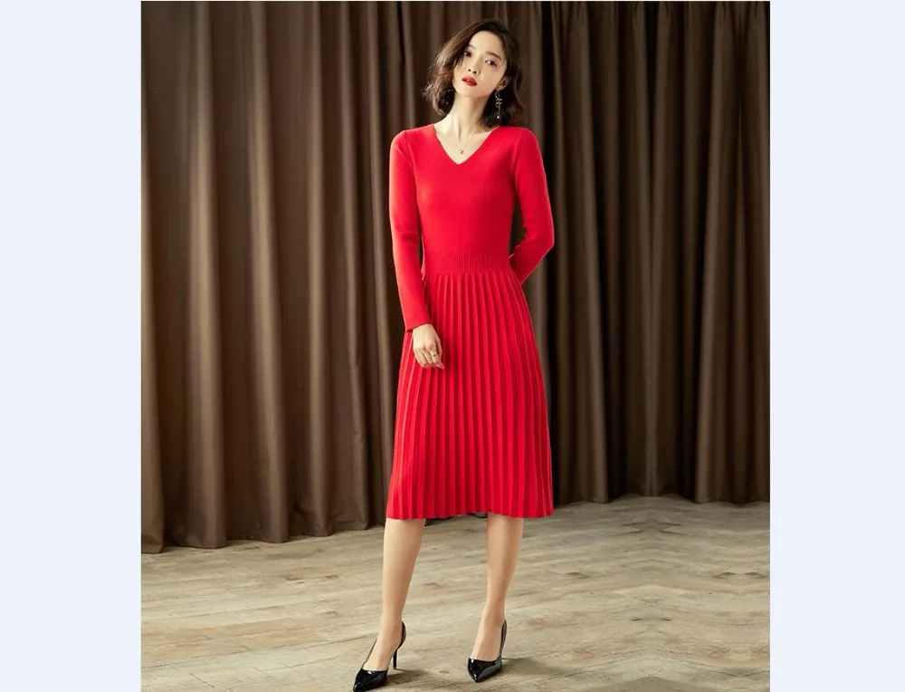 Осенние женские вязаные свитера с v-образным вырезом элегантные модные однотонные пуловеры платье