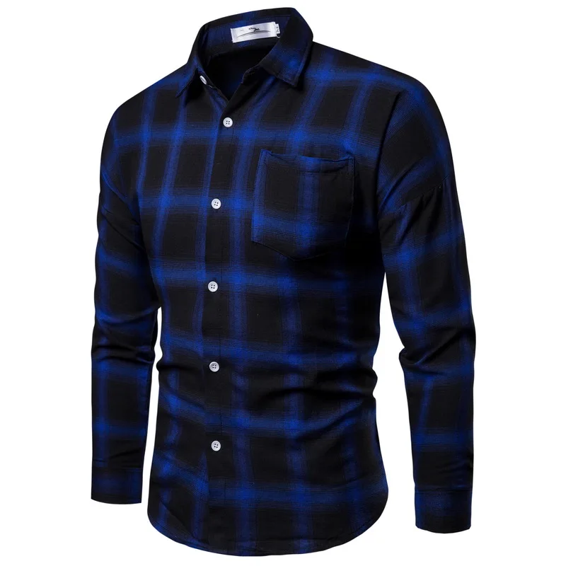 Drop Shipping Men Plaid Shirt Long Sleeve Flannel Shirts 2019 Fashion Casual Red Checkered Man Clothes Cotton Chemise Homme Blue
