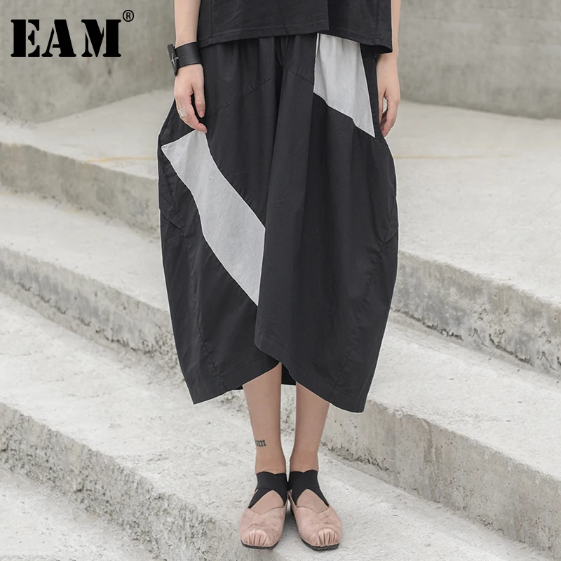 

[EAM] 2019 New Spring Summer High Elastic Waist Black White Split Joint Hit Color Half-body Skirt Women Fashion Tide JW528