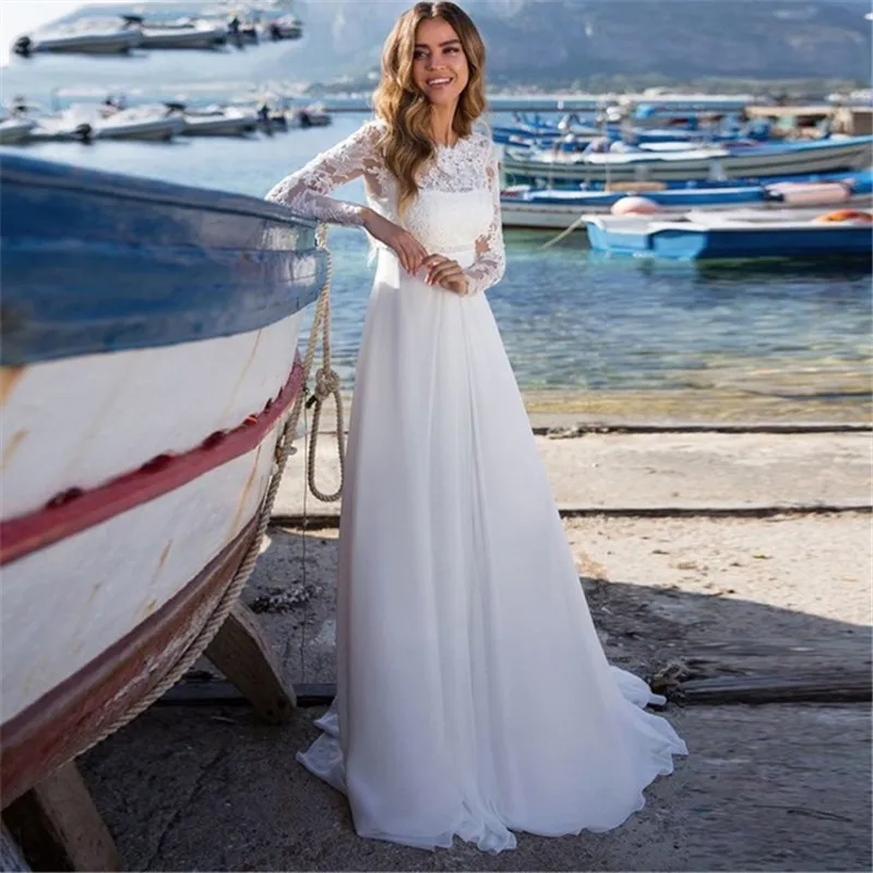 

Cheap Chiffon Wedding Dresses 2019 Scoop Neck Tulle Lace Appliques Bride Dress Long Sleeve Slit Beach vestido de noiva