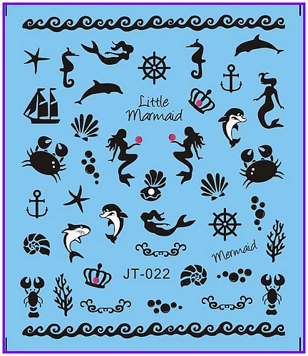 1х наклейка для ногтей, черная и белая Русалка, рыба, морская лошадь, переводные наклейки на ногти, наклейка с водой, Opp рукав, упаковка JT022