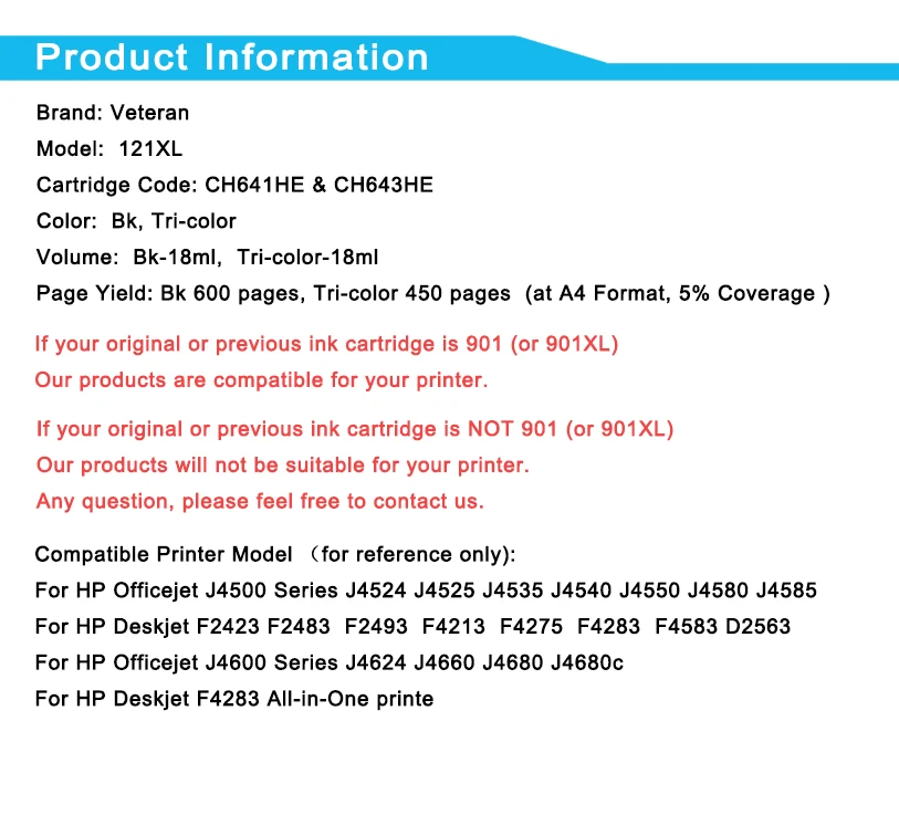 Картридж для чернил Veteran совместимый с 121XL сменный картридж hp 121 XL Deskjet D2563 F4283 F2423