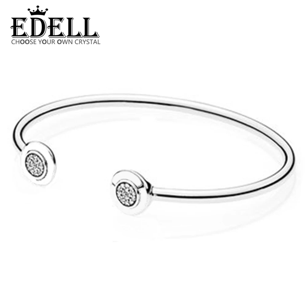 

EDELL Authentic 925 Sterling Silver Bangle Signature With Crystal Open Bracelet Bangle Fit Style Bead Charm DIY Jewelry