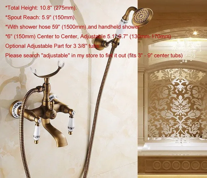 Antique Brass Wall Mounted Bathroom Tub Faucet Dual Ceramics Handles Telephone Style Hand Shower Clawfoot Tub Filler atf308