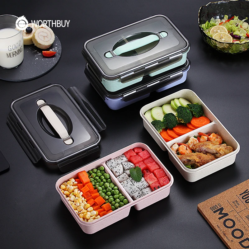 WORTHBUY, японский детский Ланч-бокс, микроволновая печь, Bento box с отделениями, пшеничная солома, Bento Ланч-бокс, герметичный контейнер для еды