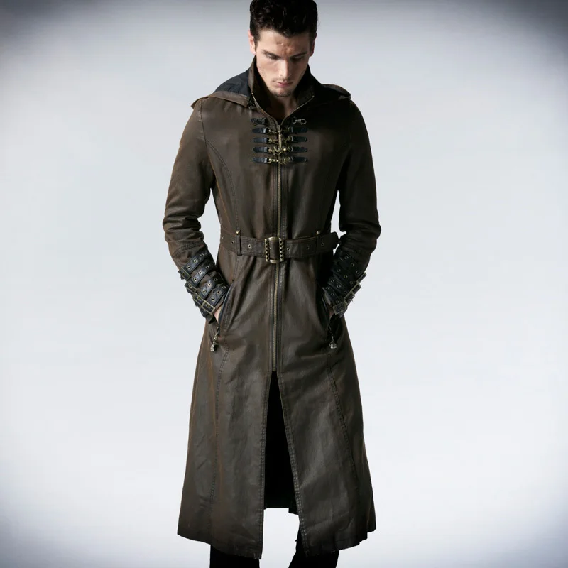PUNK RAVE Men Punk Rock Coffee Dark Long Coat Gothic Leather Hooded Jacket Punk Fashion Handsome Winter Trench Steage Coat