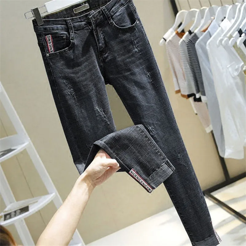 Мама плюс размер мыть тощий рваные джинсы для женщин стрейч Push Up джинсы тонкий высокая талия карандаш брюки корейский Повседневный уличная - Цвет: Black