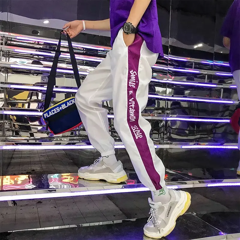 Харадзюку хип-хоп длинные штаны мужские джоггеры Лоскутные Светоотражающие спортивные брюки эластичный пояс Боковые Полосатые спортивные брюки