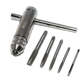 

M3-M8 T-Handle Ratchet Tap Wrench Machinist Tool + 5pcs Screw Tap Hand Tap Drill Tapping Tool Set Hand Tools M3/M4/M5/M6/M8