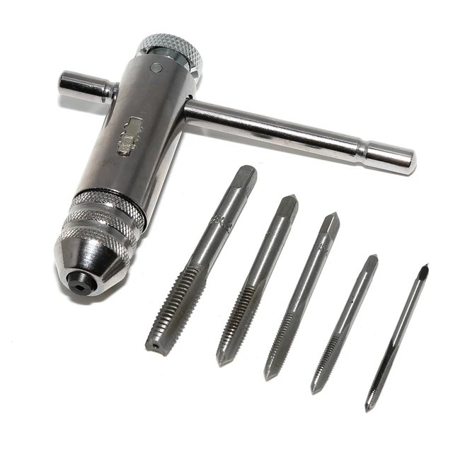M3 M8 T Handle Ratchet Tap Wrench Machinist Tool + 5pcs Screw Tap Hand
