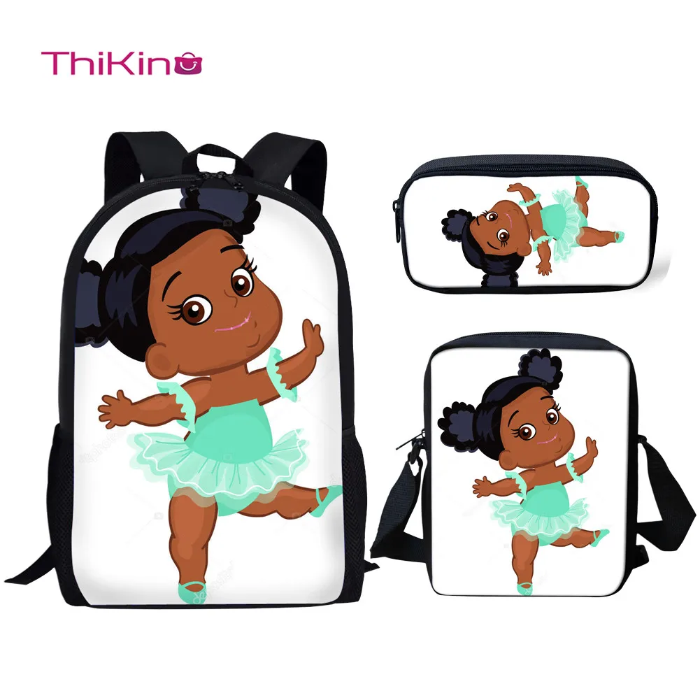 

Thikin Black African Little Girl Kids 3pcs Set School Bags for Girls Boys Bookbag Children Cartoon Backpack Lady Travel Mochila