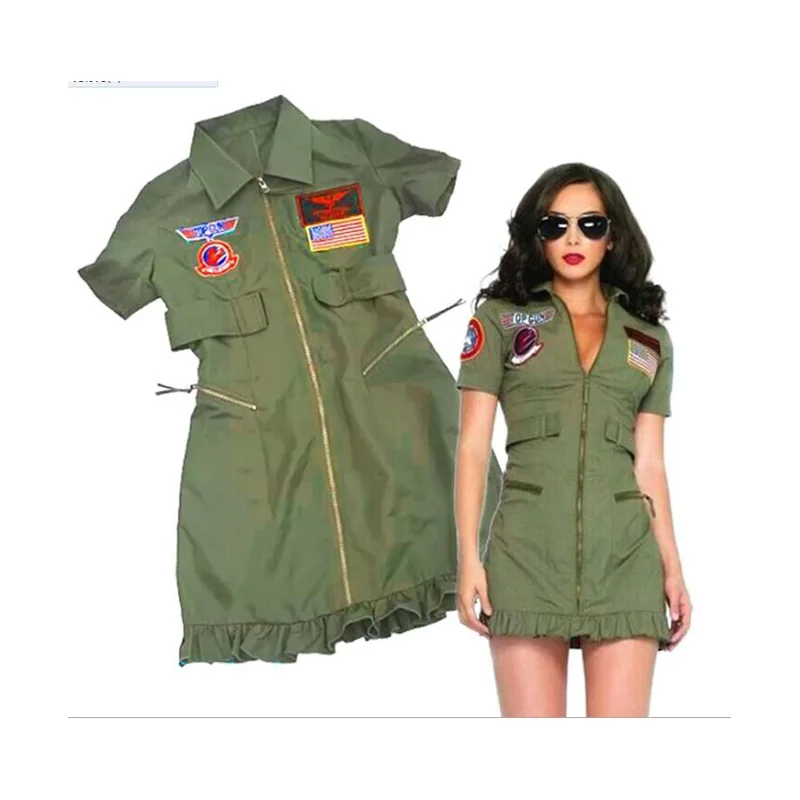Halloween Women Costume Gun Pilot Movie Air force Miltary Flight