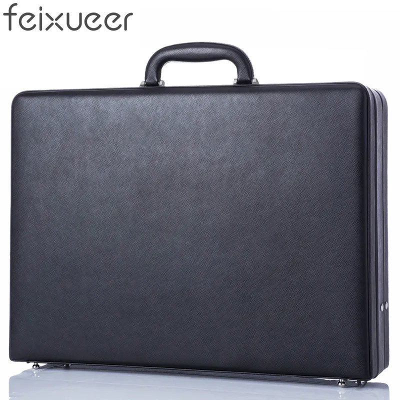 feixueer Business Cow Leather Briefcase Extensible Laptop Case Men's Suitcase Brand Designer Cash Case Office Portfolio Black