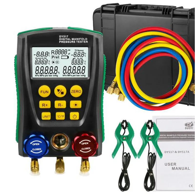 

DY517A Refrigeration Digital Manifold Pressure Gauge Meter HVAC Vacuum Pressure Temperature Tester Leakage Test