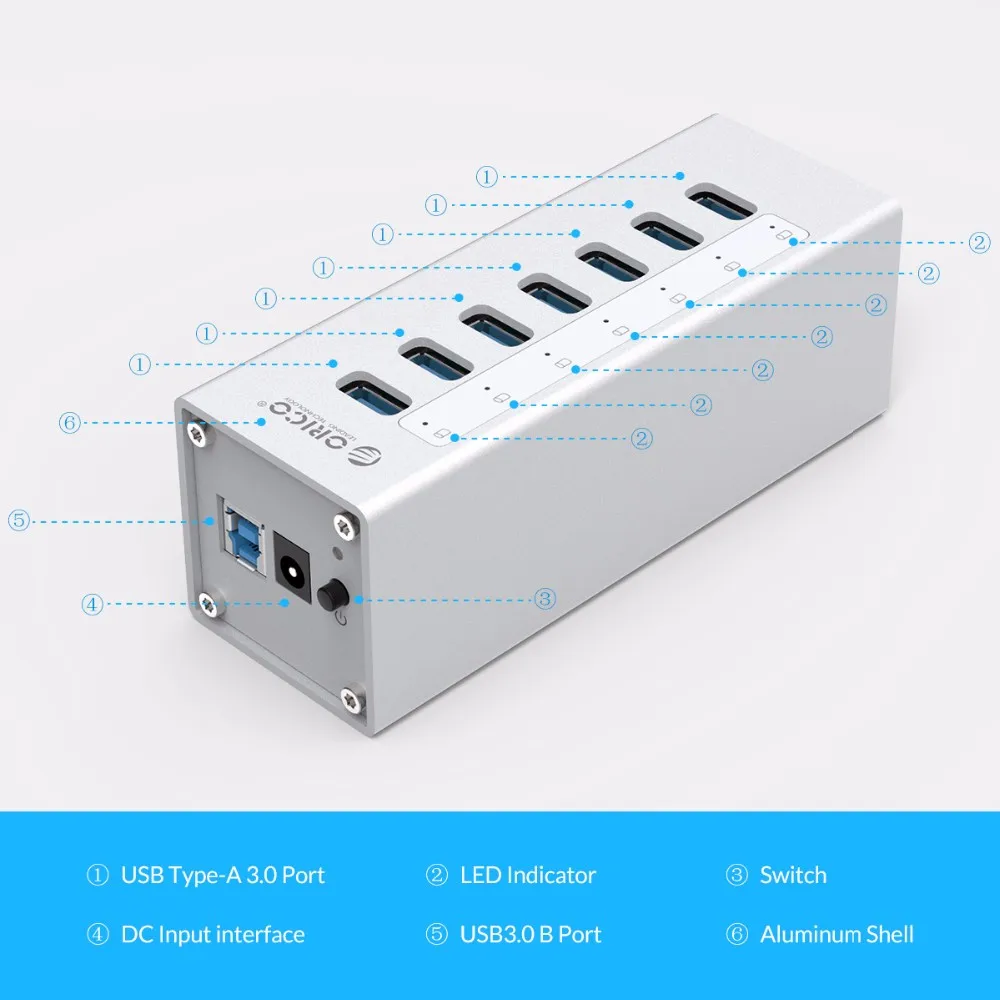 ORICO алюминиевый концентратор USB 3,0 с 7 портами с адаптером питания 12V2A и 3.3Ft. USB3.0 Дата кабель-серебристый(A3H7