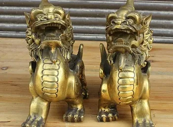 

YM 322 6" Folk China FengShui Brass Dragon Kylin PiXiu Unicorn Beast Animal Statue Pair