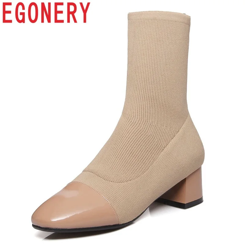 

EGONERY 2018 newest patent leather and stretch fabric mid calf boots med square heel slip-on square toe fashion sexy women shoes
