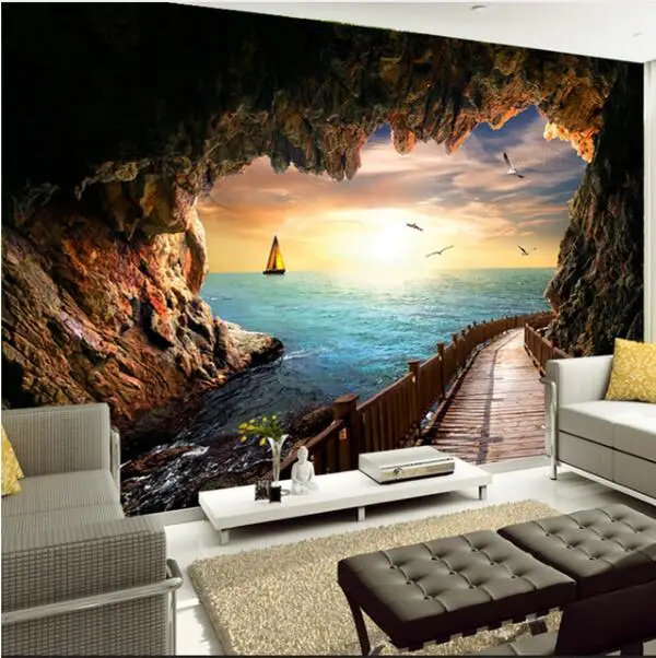 

Custom Photo Wallpaper Beautiful Sunset Cave Seaside Landscape 3D Wall Mural Living Room Dining Room Modern Creative Wall Papers