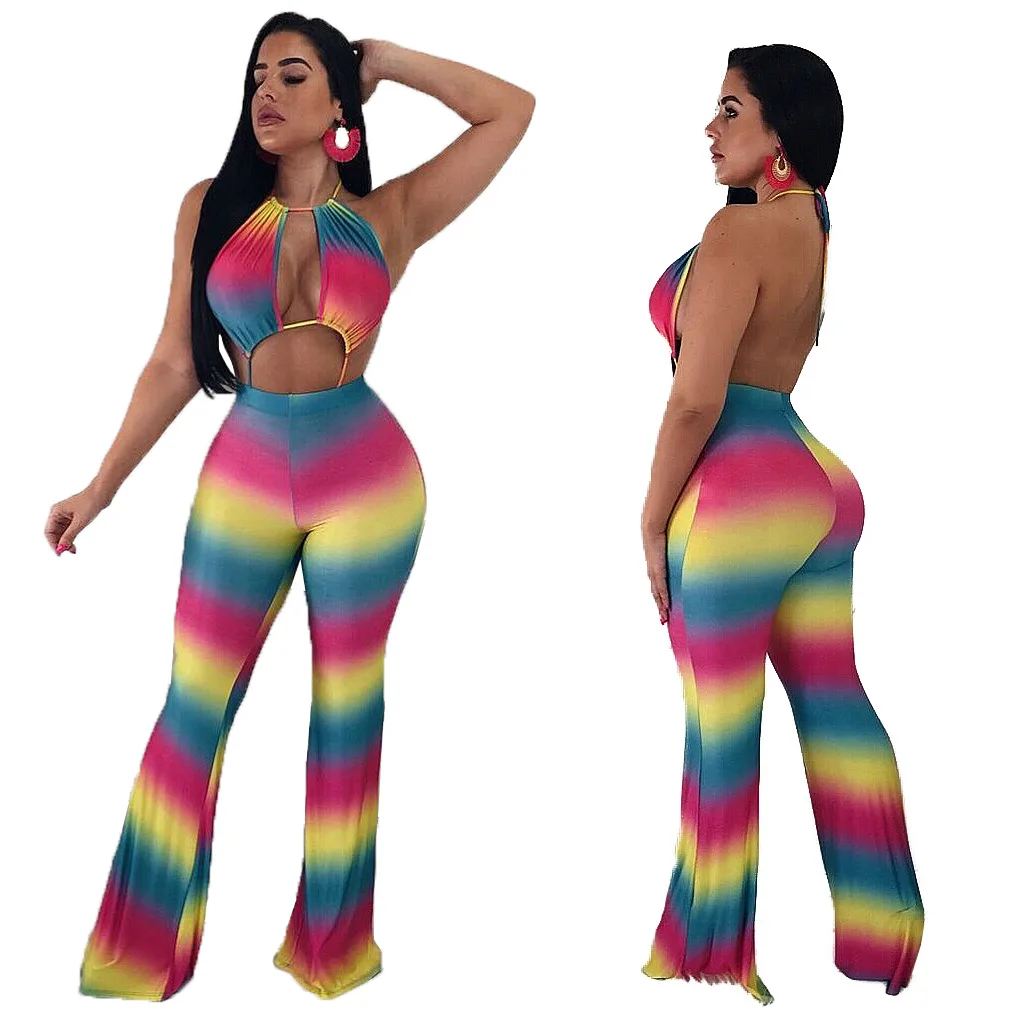 

Tie Dye Jumpsuit Backless Playsuit Streetwear Print Hollow Rompers Womens Jumpsuit Combishort Femme Halter Ladies Girl Clothes