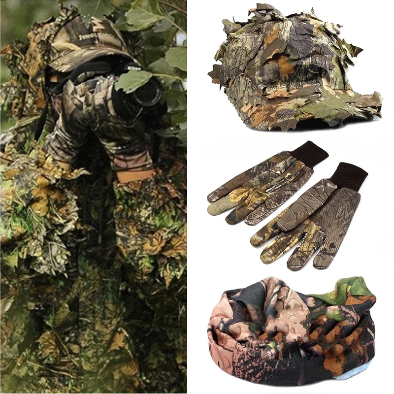 

4 Pcs 3D Military Tactical Leaf Yowie Sniper Ghillie Suit Hunting Clothes Bionic Camouflage Suit Jacket Pants Cap Gloves Mask