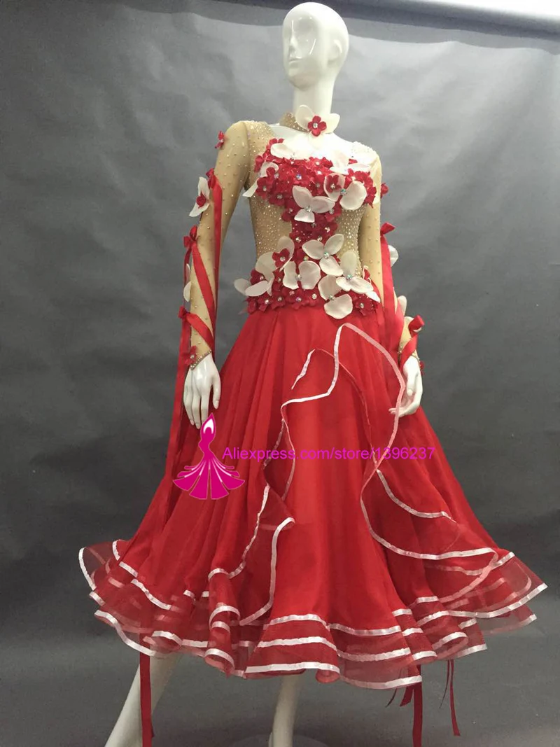 

Ballroom Competition Dance Skirt Lady's Long Sleeve Elegant Modern Flamenco Waltz Ballroom Dance Dresses