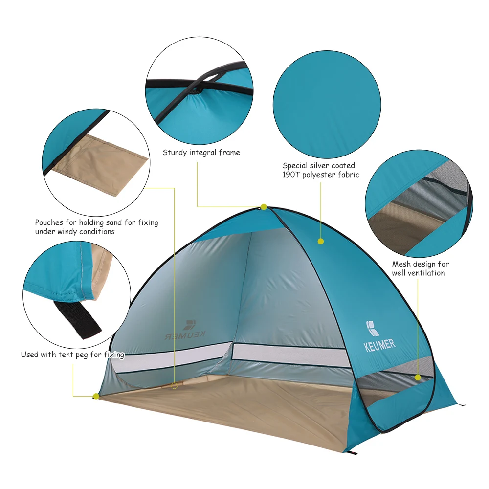 KEUMER التلقائي خيمة للشاطئ 2 أشخاص التخييم خيمة الأشعة فوق البنفسجية حماية المأوى في الهواء الطلق خيمة الفورية المنبثقة الصيف خيمة للصيد