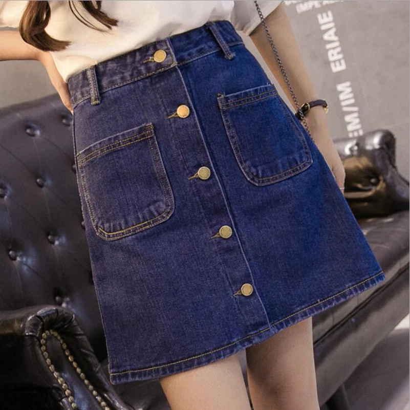 Летняя женская джинсовая юбка-карандаш с пуговицами и высокой талией, джинсовая юбка с маленькими карманами в стиле Харадзюку, Высококачественная джинсовая юбка NS8968 - Цвет: deep blue