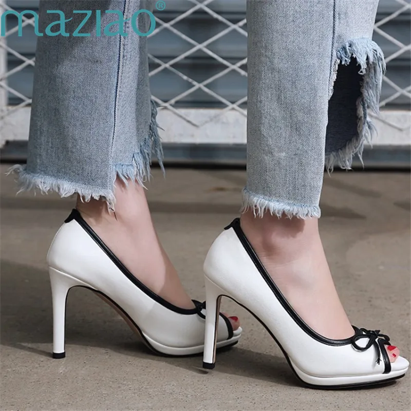 

Summer Sandal Fish Mouth Color Matching Bows Waterproof Platform Street Style Leather Sandals Women MAZIAO