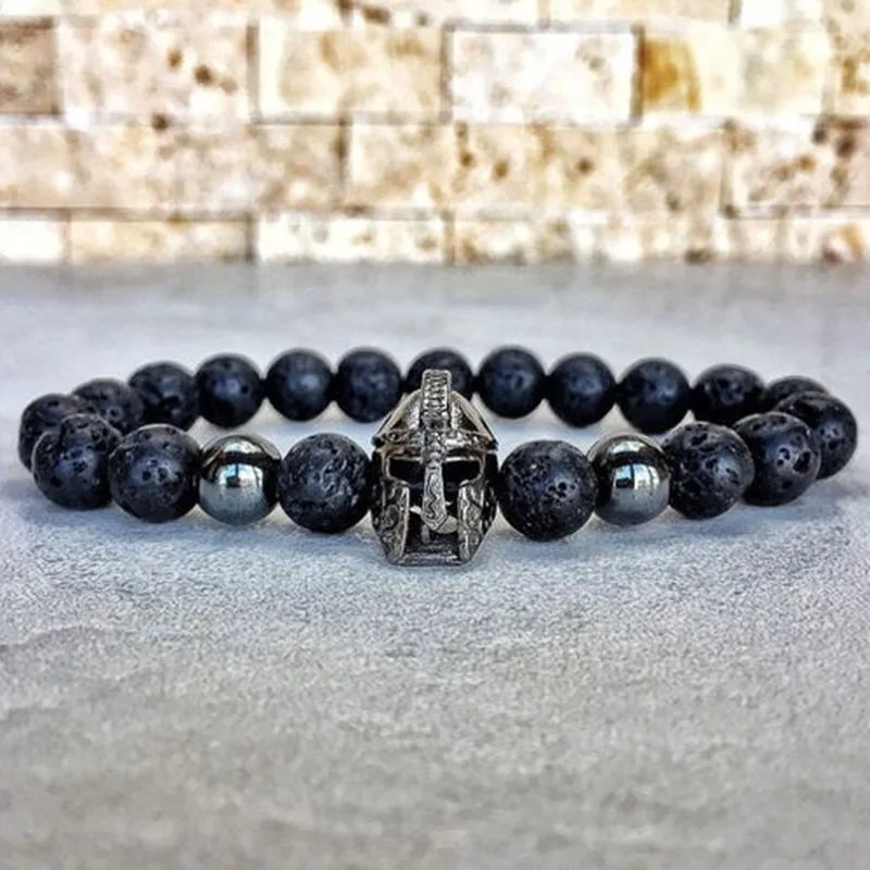 

HOT Fashion charm bracelet men Spartan Warrior Helmet lava stone beaded bracelet for men women simple Jewelry Pulseira hombres