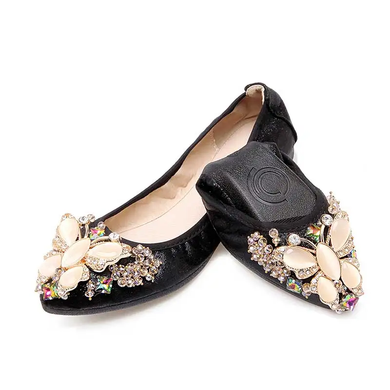 Весенняя модная женская обувь стразы складные балетки на плоской подошве; женские слипоны Повседневное походная обувь женская обувь, Большие размеры 34-43 - Цвет: 2473 black